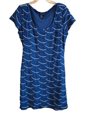 Blue Textured Dress Scoop Neck Layered Stripes Design Fun & Flattering academia